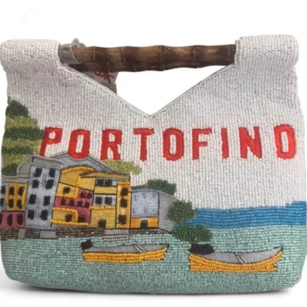 Handcrafted in India Beaded Sequin Portofino Italy  Bag Bamboo Handle